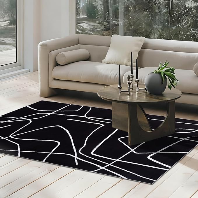 YIHOUSE Modern Washable Area Rug for Living Room Bedroom - Large Abstract Black and White Rug Non-Slip Ultra-Thin Home Decor (Dark Abstract, 5'x7'ft)