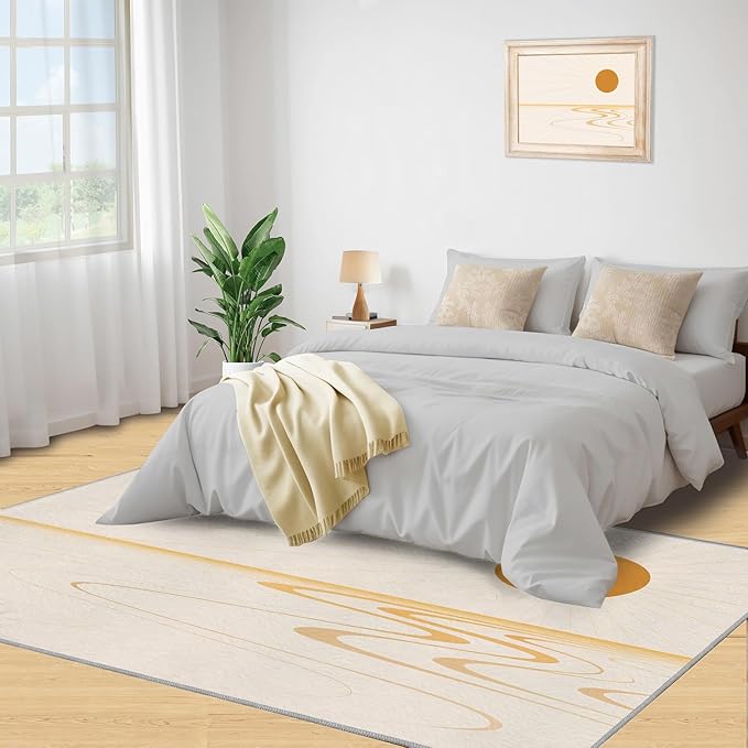 Boho Sun Area Rugs 8x10ft, Minimalist Sunburst Area Rug for Living Room, Geometric Solar Modern Rug with Double Sided Carpet Tape for Bedroom Men Room Decor