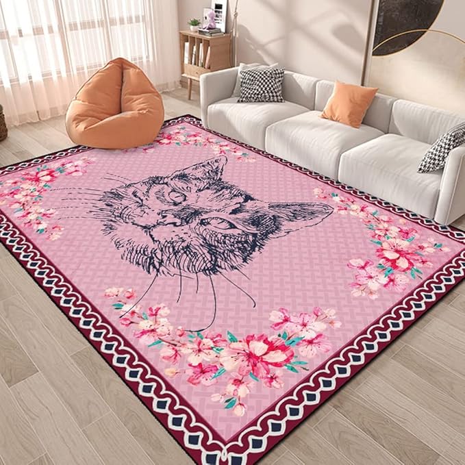 Cartoon Animal Pattern Area Rug Cute Cat Luxury Floral Decor for Carpet Farmhouse Bedroom Living Room Rugs Bathroom Kitchen Runner Mat Indoor Outdoor Non Slip Doormat 5' X 10'