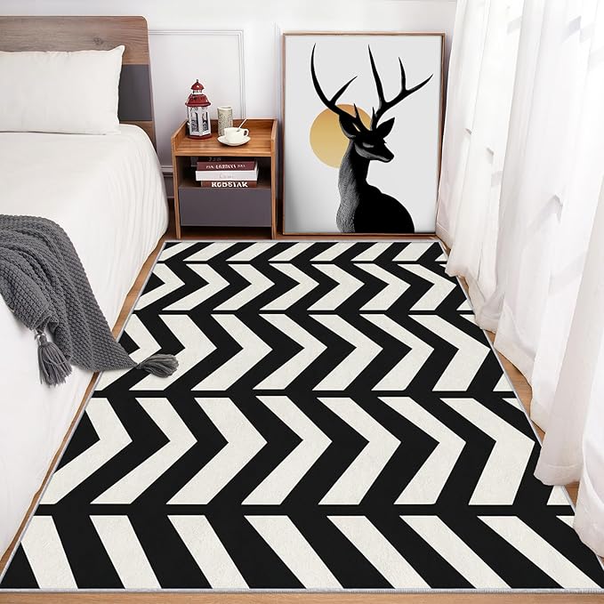 4x6 Black and White Chevron Rugs for Bedroom Decor, Washable Chevron Geometric Pattern Area Rug, Living Room Home Decoration, Non Slip Soft Thin, Modern Zigzag Decor Carpet PF-P 49