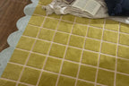 Checkered Wool Area Rug with Scalloped Border, Chartreuse Green & Cream Grid, Hand-Tufted, Soft Cut Pile, Modern Cottagecore Living Room, Bedroom & Nursery Carpet - 8x8 Ft (Round)
