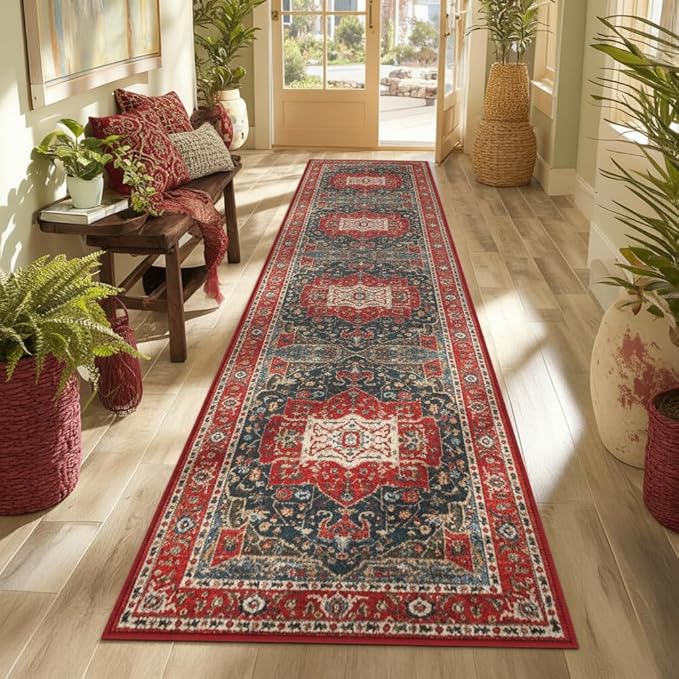 Enkor Runner Rugs for Hallway, 2x10 Washable Soft Boho Non Slip Floor Rugs for Kitchen, Modern Mat for Living Room Bedroom Entryway Red & Blue