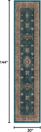 RUGGABLE Washable Vintage Runner Rug – Verena Teal Blue 2.5x12, Stain-Resistant, Non-Slip Hallway Runner – Machine Washable Rug for Hallway, Entryway, Living Room & Kitchen–with Standard Pad