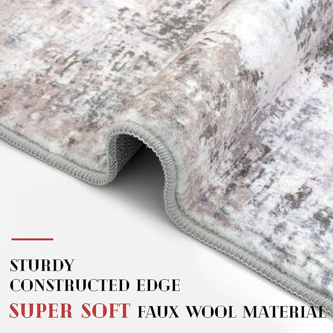 Modern Abstract 3x10 Runner Rug, Beige Grey Neutral Washable Long Kitchen Runner Non-Slip Soft Hallway Rug Runner Thin Print Faux Wool Carpet for Entryway Hall Bedroom