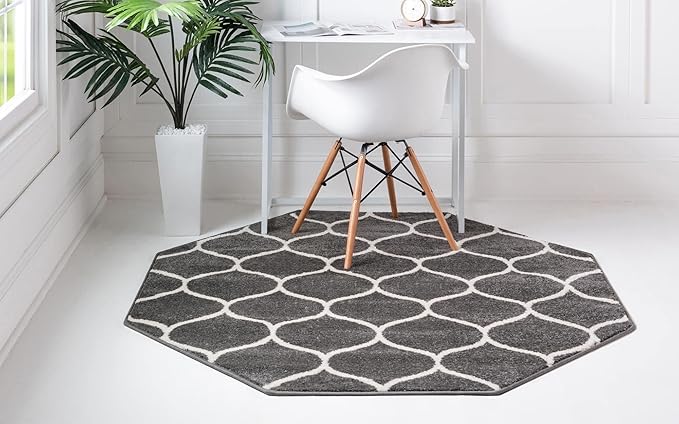 Rugs.com Lattice Frieze Collection Rug – 7' 10 Octagon Dark Gray Medium Rug Perfect for Living Rooms, Kitchens, Entryways