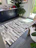 Cowhide Leather Rug for Living Room 9x12, Modern Stripes Style Floor Carpet, Washable Dark Grey Area Rug for Home Decor