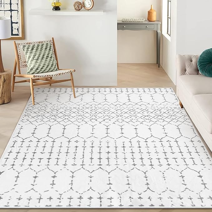 Lahome Moroccan Living Room Area Rug - Washable Rugs 4x6 Non-Slip Soft Throw Rugs for Bedroom White Lightweight Large Rug, Modern Geometric Print Low-Pile Capet for Classroom Office Dining Room(White)