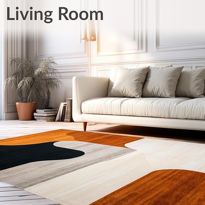 Flatwoven High Traffic Area Rug 8x10, Black Orange Abstract Geometric Shape, Non Slip, Stain Resistant, Washable Area Rugs for Living Room, Bedroom (Orange, 8x10)