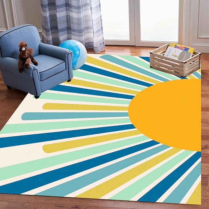 Rainbow Sun Area Rug,4x5ft,Boho Geometric Print Rug, Modern Mid-Century Colorful Rug for Kids Girls Boys Bedroom, Living Room, Classroom, Office Non-Slip Washable