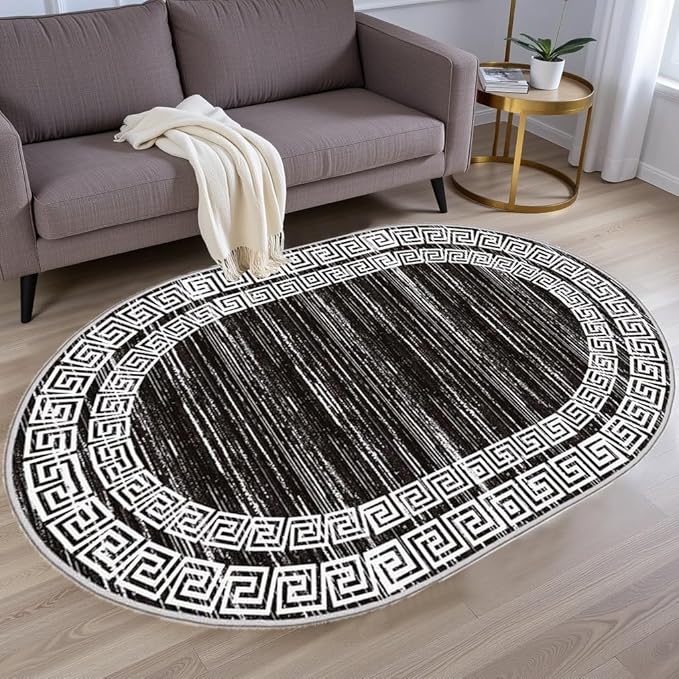 Minimalist Distressed Black Off White Greek Key Pattern Bordered Rug 6x9 for Liivng Room Bedroom Dining Room Soft Non Skid Washable Large Rugs Nursery Dorm Kitchen Rustic Classic Indoor Oval Carpet