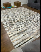 Cowhide Leather Rug for Living Room 9.9x14 Natural Leather Rug Modern Stripes Style Floor Carpet for Home Decor | Superior Indoor Area Rug, Dark Grey