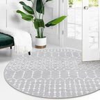 Lahome Moroccan Washable Round Rug 4Ft Round Area Rugs for Bedroom Non-Slip Grey Stain Resistant Round Kitchen Rug, Modern Geometric Print Indoor Floor Circle Carpet for Entryway Living Room Sofa