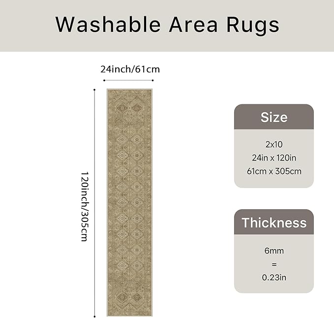 Bavni 2x10 Runner Rug Non Slip, Machine Washable Rug Runners for Hallways, Vintage Distressed Print Kitchen Runner, Low Pile Lightweight Carpet for Entryway Laundry Bedroom Bathroom Nut Brown