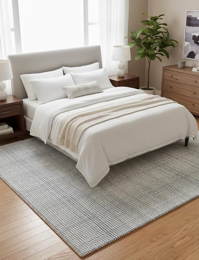 Hand-Tufted 100% Wool Pile Area Rug – Geometric Textured Grid Check Pattern – Thick and Durable Floor Carpet for Bedroom, Living Room, Kids Room, and Dining Area (Indigo Blue, 2.6' x 10')