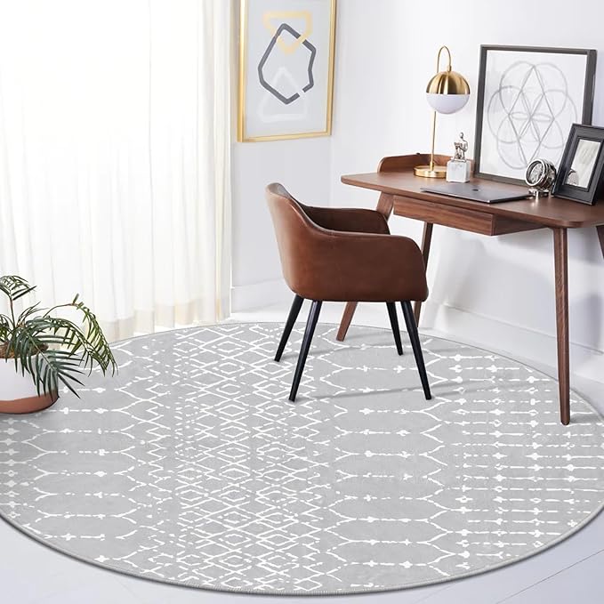 Lahome Moroccan 5Ft Round Rug Machine Washable Round Bedroom Carpet Grey Non-Slip Throw Circle Rugs for Living Room Low-Pile Large Round Rug, Modern Geometric Print Carpet for Office Dining Room