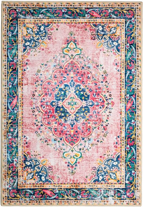Boho Rug 3x5 Pink Small Area Rug Washable Vintage Rug for Kitchen Living Room Bedroom Bathroom Office Low Pile Non Slip Indoor Floor Carpet