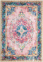 Small Area Rug 2x3 Pink Boho Bathroom Rug for Entryway Kitchen Blush Thin Foldable Vintage Throw Rug Low Pile Non Slip Washable Indoor Carpet