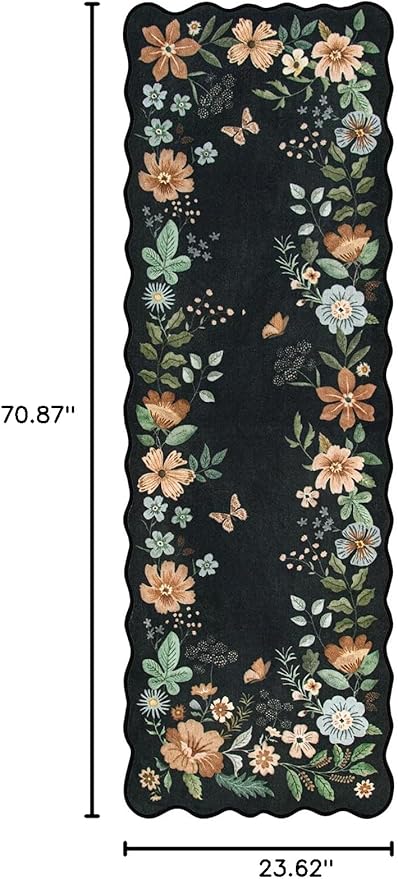 Lahome Floral Kitchen Runner, 2X6 Washable Runner Rug Non Slip Ultra-Thin, Soft Hallway Rug Stain Resistant Boho Small Low-Pile Carpet for ‎Laundry Bathroom Bedroom(2x6ft,Black/Grey)
