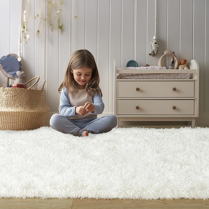 Soft Fluffy Area Rug for Bedroom, Cream White Fuzzy Shaggy Oval Throw Rugs for Bedside, Non-Slip Cozy Plush Shag Carpet for Kids Room Nursery Dorm Living Room, 2.6 x 5.3 Feet