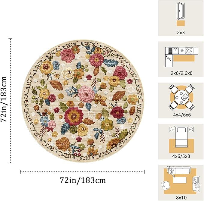 6ft Round Machine Washable Area Rug for Living Room, Beige Vintage Boho Floral Rug Large Non-Slip Low Pile Soft Faux Wool Carpet, Kids and Pets Friendly for Bedroom Nursery Farmhouse Home Decor Rug