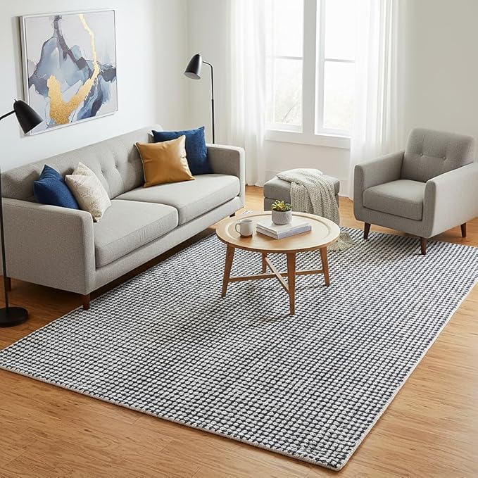 Hand-Tufted 100% Wool Pile Area Rug – Geometric Textured Grid Check Pattern – Thick and Durable Floor Carpet for Bedroom, Living Room, Kids Room, and Dining Area (Charcoal Gray, 9' Round)