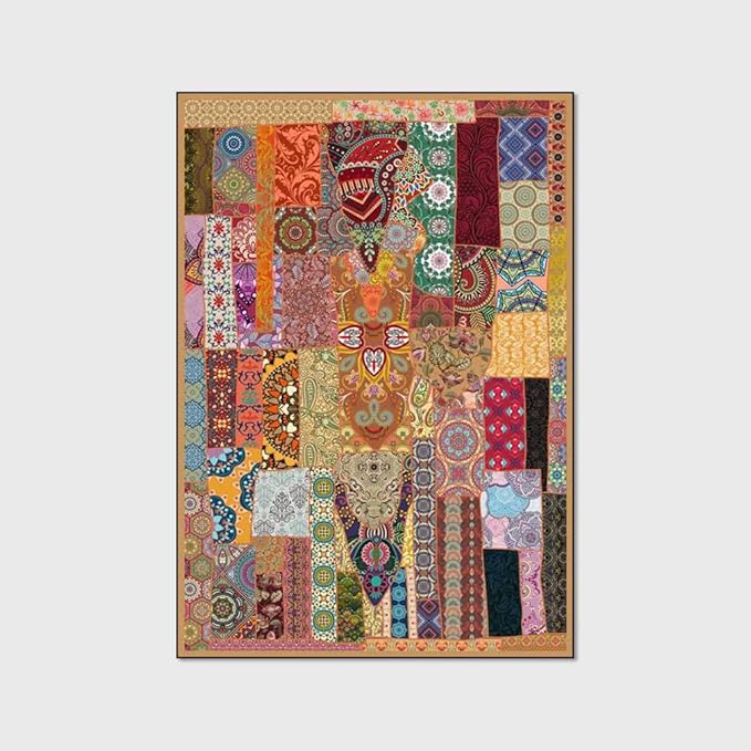 Vintage Boho Area Rugs Multicolor Ethnic Style Geometric Splicing Carpets Bedroom Living Room Kitchen Floor Mats Indoor Outdoor Non-Shedding Runner Rug Home Décor Carpet 3' X 3'