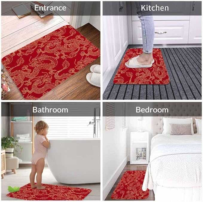 Dragon Bath Mat for Bathroom Traditional Flying Mascot Animal Chinese Dragons Red Bath Rugs Door Mat Non Slip Rubber Backed Bathroom Floor Mat for Bathtub Sink Shower 16"X24"