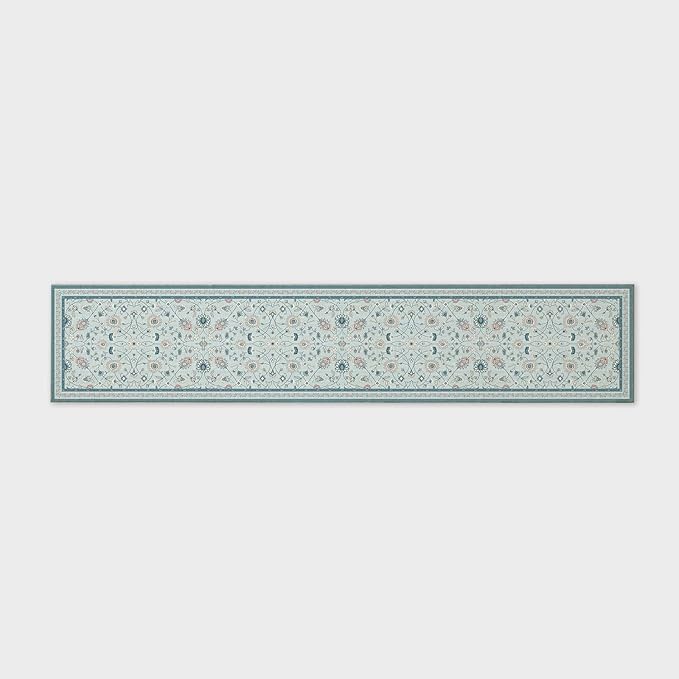 EVERGRACE Hallyway Area Runner Rugs 2x10, Boho Floral Faux Wool Indoor Outdoor Rugs, Washable Rugs for Bedroom Dining Room Living Room Kitchen, Low Pile Floor Mat Carpet for Home Decor, Pale Blue