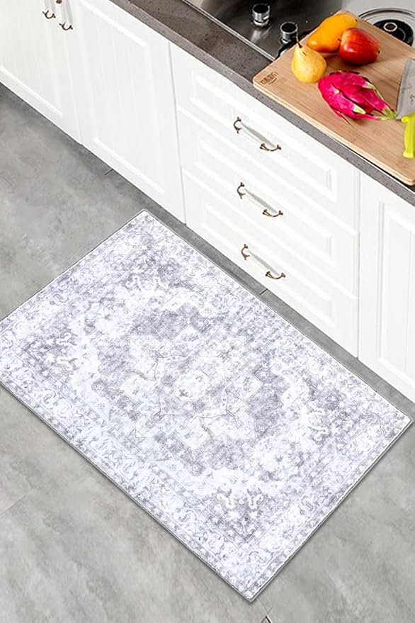 COMSLE Washable Door Mat, Front Door Mat Indoor Faux Wool Absorbent Small Rugs for Entryway Distressed Throw Rug Non-Slip Accent Floor Carpet for Entrance Bedroom, 24X36 Inches Gray