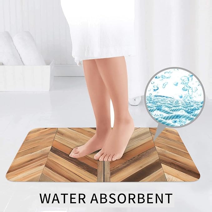 3 Piece Wooden Chevron Pattern Panel Bathroom Rugs Set, Non-Slip Absorbent Microfiber Bath Mat Set with U-Shaped Toilet Mat for Bathroom Tub Shower