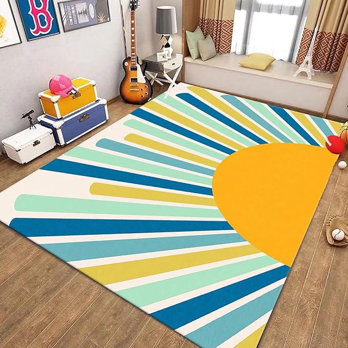 Rainbow Sun Area Rug,6x8ft,Boho Geometric Print Rug, Modern Mid-Century Colorful Rug for Kids Girls Boys Bedroom, Living Room, Classroom, Office Non-Slip Washable