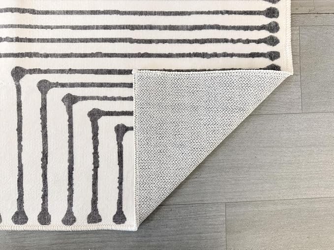 GLN Rugs Contemporary Collection - Machine Washable Area Rug, Contemporary Washable, Non Slip, Low Pile Chenille Rug, Living Room, Bedroom, Kitchen Rug (5'3" Round Black Beige)