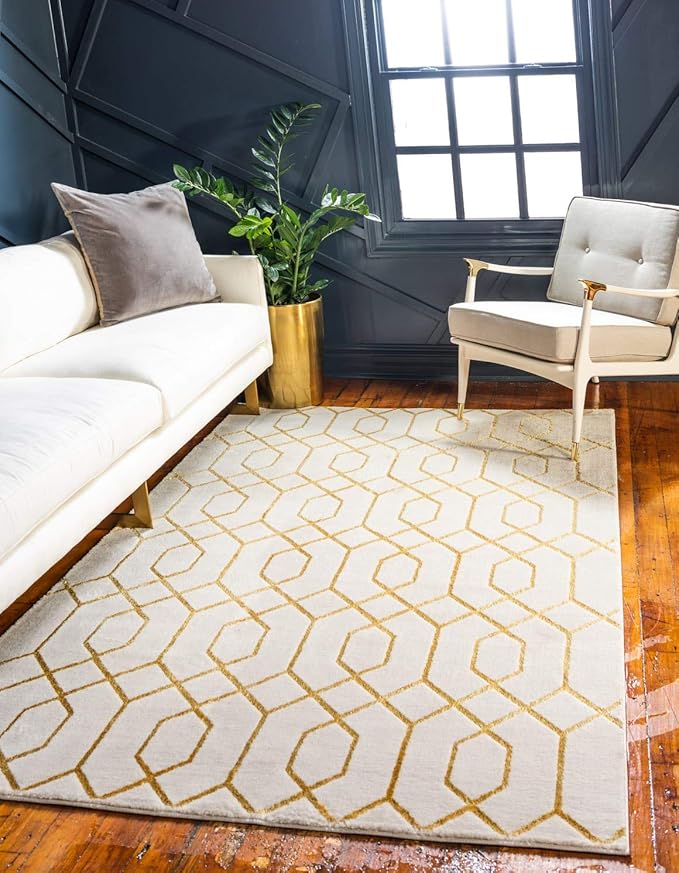 Unique Loom Marilyn Monroe Glam Collection Area Rug - Trellis (5' 3' x 8' Rectangle, White Gold/ Gold)
