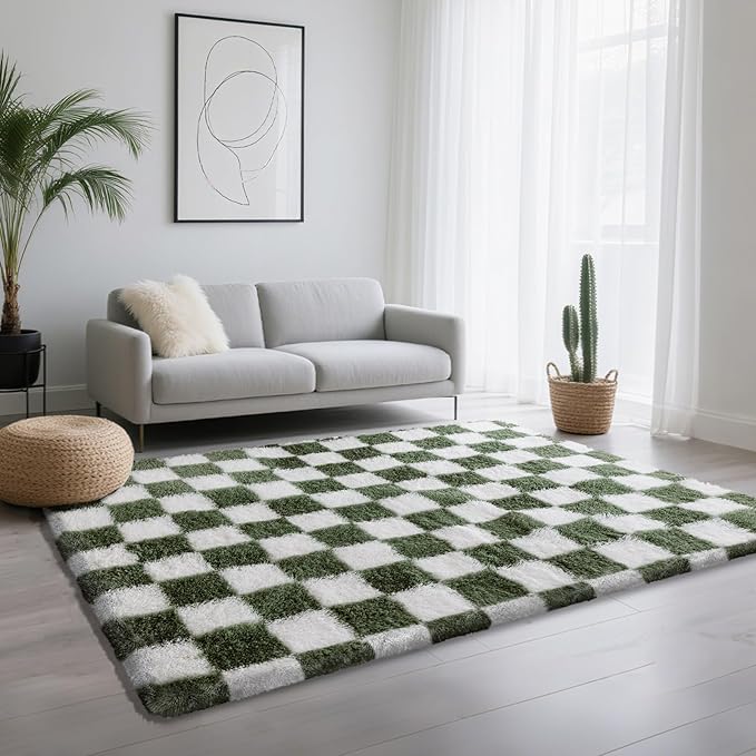 4x6 Area Rugs for Living Room Bedroom, Soft Fluffy Shaggy Bedside Rug, Indoor Floor Carpet for Kids Playroom, Dorms, Nursery Rooms, Home Decor (Olive Green & White 4'x6')