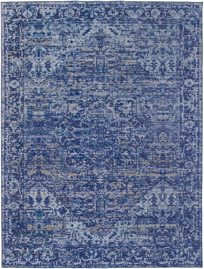 ReaLife Rugs Machine Washable Area Rug - Living Room Bedroom Bathroom Kitchen Entryway Office - Padded Low Pile Stain Resistant Premium - Boho Vintage Traditional - Lyle - Blue 4' x 6'