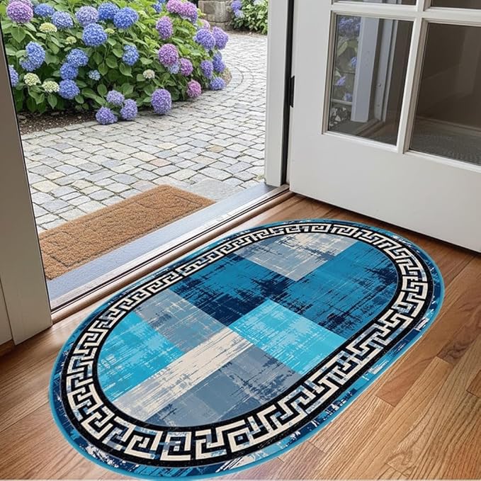 Blue Grey Black Greek Key Pattern Bordered Design Large Carpet for Living Room Bedroom Dining Room Soft Non Slip Low Pile Area Rug 10x12 Farmhouse Doormats Vintage Distressed Home Office Oval Rugs