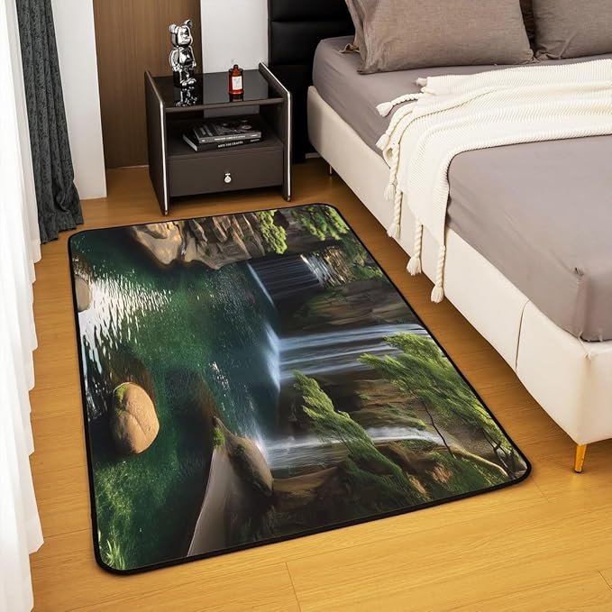 Waterfall Large Area Rug 5x7 Lake Cascade Scenery Living Room Rug | Chic Nature Art Mountain Rock Rugs for Bedroom, Sault Landscape Carpet Indoor Floor Mat