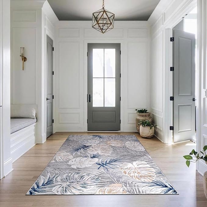 CAMILSON Indoor Outdoor Rug, Blue 10’x14’ Leaf Tropical Botanical Area Rugs for Indoor and Outdoor patios, Easy-Cleaning Non-Shedding Living Room, Garden and Kitchen Washable Outside Carpet (10x14)