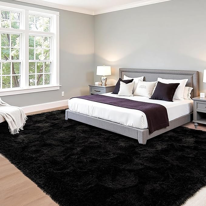 Beglad Soft Fuzzy Area Rugs for Living Room, Modern Minimalist Style Fluffy Rugs, Non-Slip Indoor Carpet Rugs for Kids Room, Bedroom, 6x9, Black