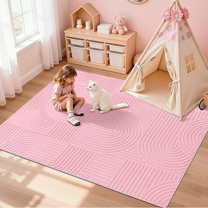 Pauwer 4x6 Washable Area Rugs for Living Room Modern Pink Solid Color Soft Fluffy Rugs for Bedroom Non Slip Boho Accent Indoor Mat Floor Carpet Cover for Kids Room Dining Room Kitchen Office, Pink