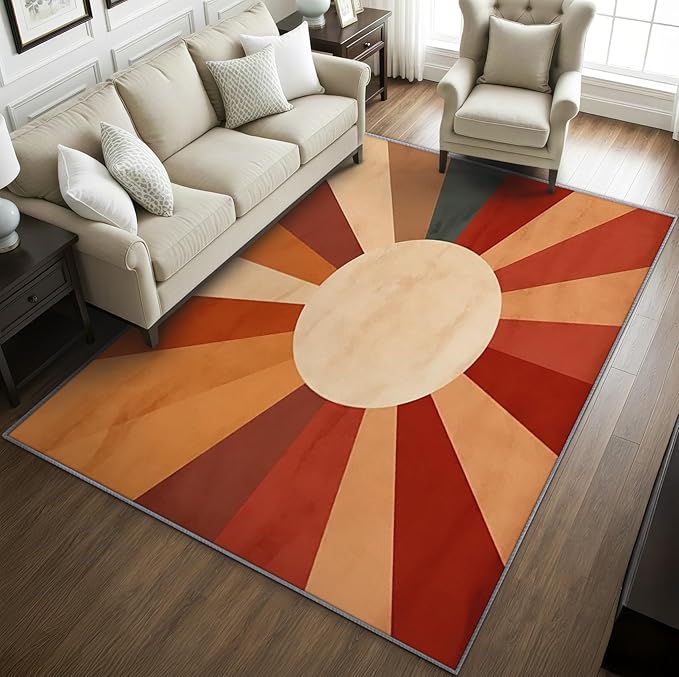 70s Rugs for Living Room - 6x9 ft, Retro Sun Rug, Mid Century Sun Living Room Rug, Red and Orange Washable Area Rugs for Bedroom, Boho Retro 70s Home Decor & Gifts