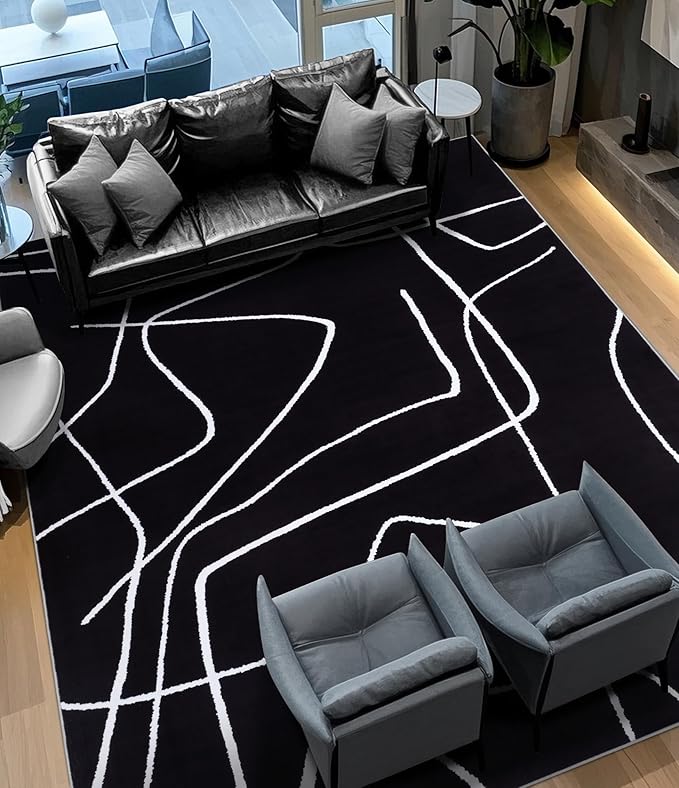 YIHOUSE Modern Washable Area Rug for Living Room Bedroom - Large Abstract Black and White Rug Non-Slip Ultra-Thin Home Decor (Dark Abstract, 8'x10'ft)
