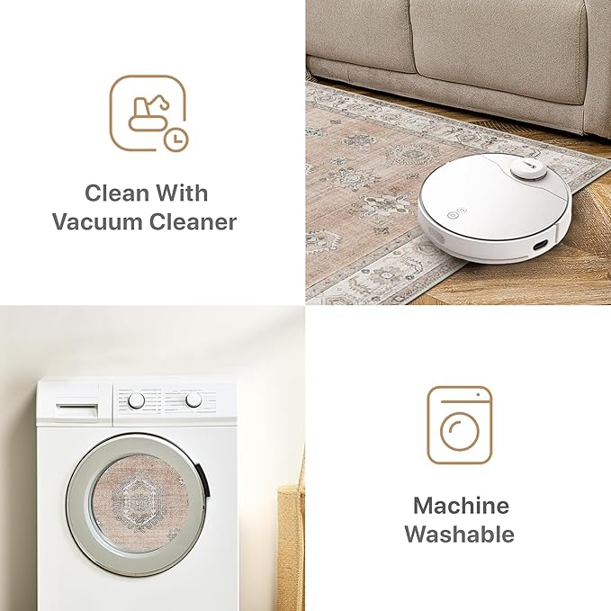 GENIMO 5x7 Area Rugs for Living Room, Machine Washable Non Slip Vintage Retro Rugs, Low Pile Lightweight Chenille Print Rug for Bedroom, Dining Room, Home Office, Salmon