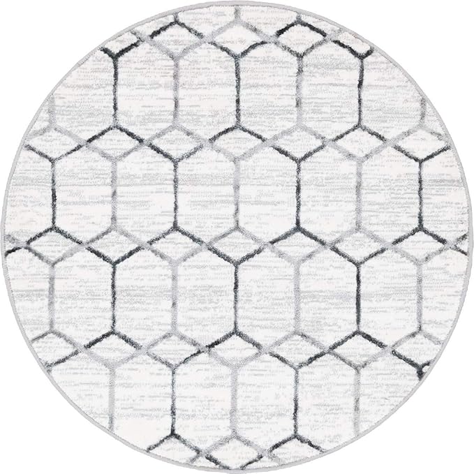Rugs.com Lattice Trellis Collection Rug – 3 Ft Round White Low-Pile Rug Perfect for Kitchens, Dining Rooms