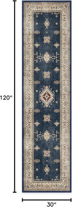 RUGGABLE Washable Vintage Runner Rug – Verena Sapphire 2.5x10, Stain-Resistant, Non-Slip Hallway Runner – Machine Washable Rug for Hallway, Entryway, Living Room & Kitchen–with Cushioned Pad