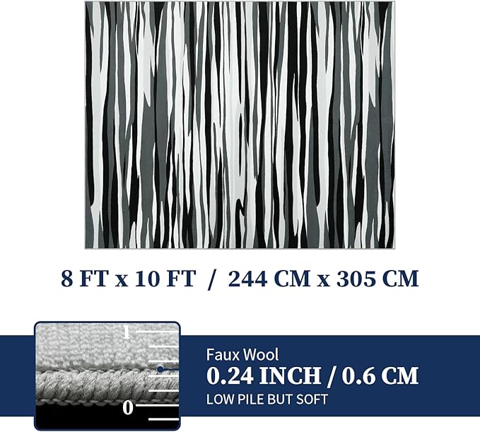 YIHOUSE 8×10 Ft Area Rugs for Living Room: Modern Abstract Black Grey and White Rug - Nonslip Washable Striped Rug for Bedroom Dining Room Office Playroom Nursery Home Decor
