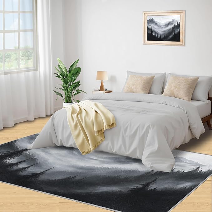 Misty Forest Rugs for Bedroom - 5x7 Area Rug - Modern Black White Art Rugs for Living Room, Natural Landscape Rug, Washable Home Decor Carpet