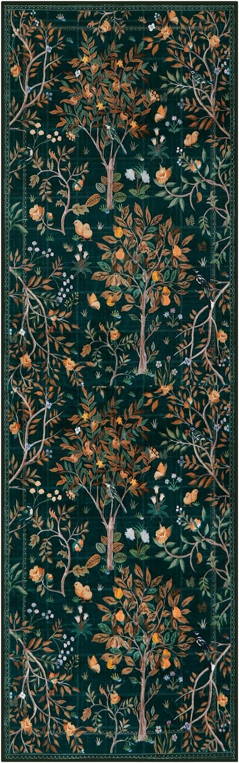 Morebes Boho Floral Rug Runners for Hallways Non Slip, Flower 2x8 Kitchen Runner Rug Washable, Soft Botanical Indoor Carpet Floor Runner for Entrance Bedroom Bedside, Dark Green