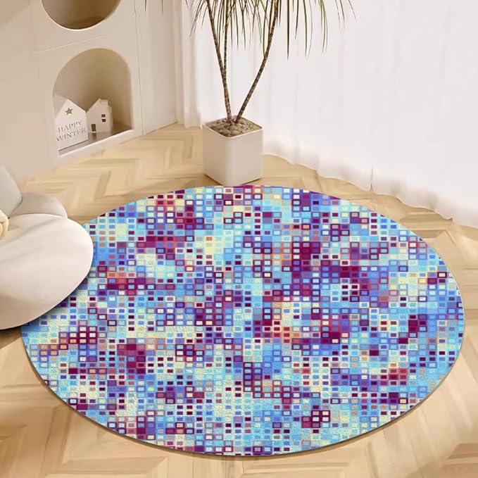 Abstract Pixel Geometry Round Rug Ombre Blue Purple Living Room Circle Area Rugs 4ft Washable Soft Non Slip Low Pile Indoor Floor Carpet for Bedroom Office Kitchen Coffee Table