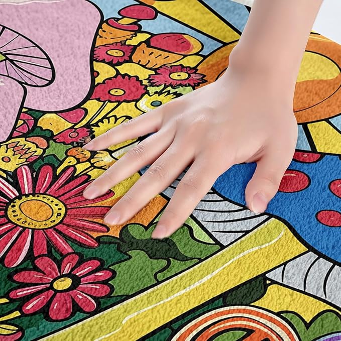 Erosebridal Kawaii Mushroom Bathroom Rugs Boho Sun Mats Hippie Groovy Floral Ultra Soft Bathtub Rugs 20x32 60s 70s Retro Vintage Theme Room Decor Chic Daisy Flower Bath Mat Geometric Striped Decor